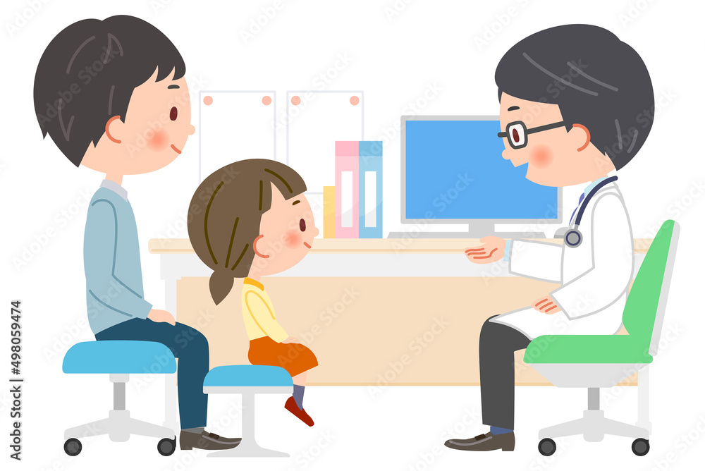 診察する小児科医と患者の親子のイラスト 診察する小児科医と患者の親子のイラスト