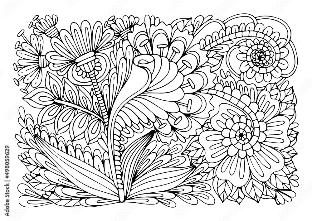 Coloring page bouquet of flowers thin line art. Floral pattern of
