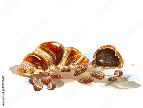 685_croissant_set of elements for the release to 289_watercolor stains fresh croissant with hot chocolate, sliced ​​croissant with chocolate, colorful vector illustration with nuts, almonds, hazelnuts