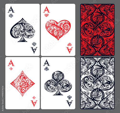 Four aces. Set of vector playing card suits and back design made by floral elements. Vintage stylized illustration in red and black color on white background. Works well as print, icon, emblem, symbol