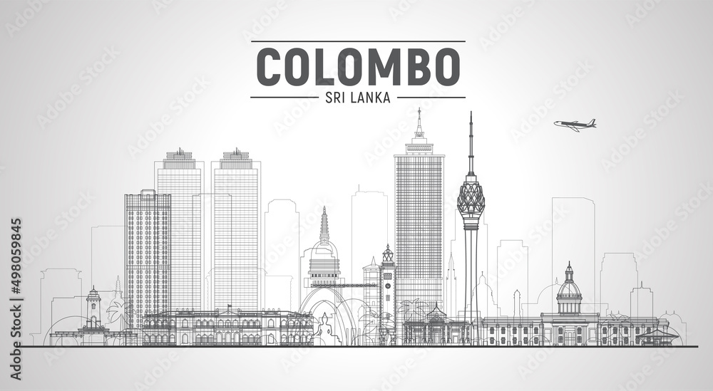 Colombo (Sri Lanka) line skyline with panorama in sky background. Vector Illustration. Business travel and tourism concept with modern buildings. Image for presentation, banner, placard and web site.
