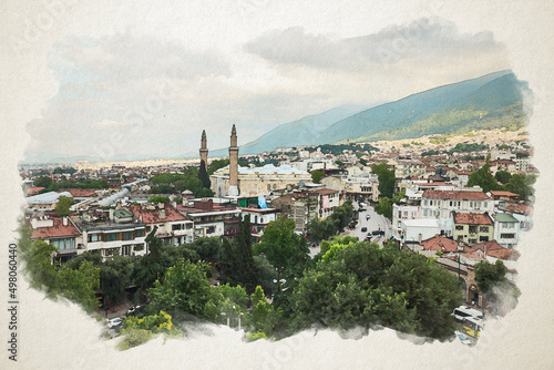 Bursa landscape with grunge watercolor effect. Oil paint design of grand mosque (Ulucami) and city view. Bursa touristic city in Turkey. photo