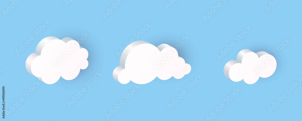 3D clouds. Realistic icon set, white geometric shapes in blue sky, communication balloon, web internet symbol, meteorology climate element, decorative objects vector isolated illustration