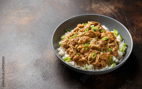 Thai style peanut pork with bean sprouts and rice. Asian food