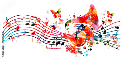 Colorful musical poster with gramophone horn and LP vinyl record isolated vector illustration. Playful background for live concert events, music festivals and shows, party flyer with musical notes	