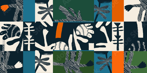 Hand drawn trendy floral geometric abstract print. Colourful modern collage pattern. Ethnic style. 