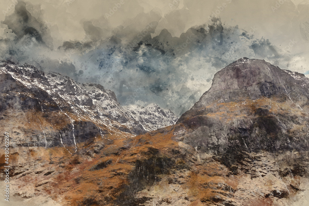 Digital watercolour painting of Winter landscape image of moiuntain peaks in Scottish Highlands