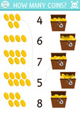 Match the numbers pirate game with treasure chest and golden coins. Treasure island hunt math activity for preschool kids. Sea adventures educational counting worksheet.