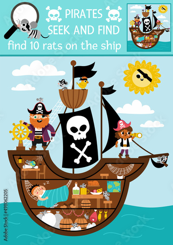 Vector pirate searching game. Spot hidden rats in the picture. Simple treasure island seek and find printable activity for kids. Sea adventures treasure hunt. Find ten rats on the ship.