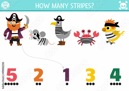Match the numbers pirate game with animals in striped shirts. Treasure island hunt math activity for preschool kids. Sea adventures educational printable counting worksheet.