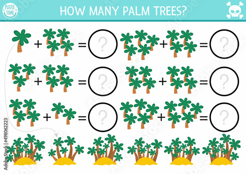 How many palm trees game. Tropical island math addition activity for preschool children. Simple summer printable counting worksheet for kids with jungle greenery.