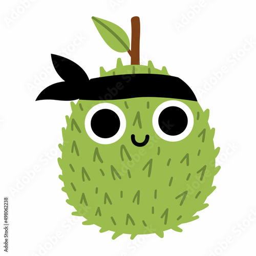 Vector funny kawaii durian icon. Pirate fruit illustration. Comic plant with eyes, head band and mouth isolated on white background. Healthy summer food clipart..