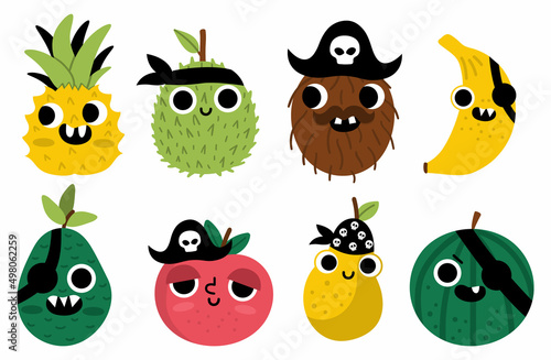Vector funny kawaii fruit icons set. Pirate fruits illustration. Comic plants with eyes, pirate hat, eye patch, and mouth. Healthy summer food collection with banana, apple, pineapple.