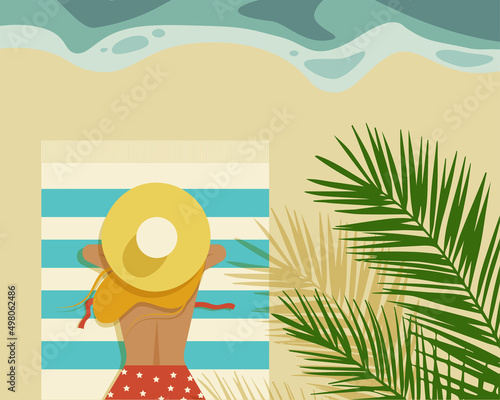 Girl with a bare back in a hat and swimsuit is sunbathing on the beach under a palm tree, near the sea. Summer vector illustration