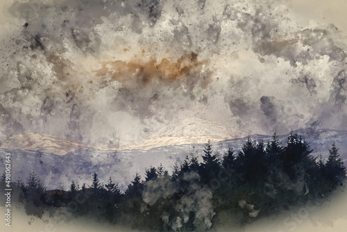 Digital watercolour painting of Stunning landscape image of dramatic Winter storm sunset clouds over the peaks of Beinn Toaig and Stob A'Choire Odhair in Scottish Highlands © veneratio