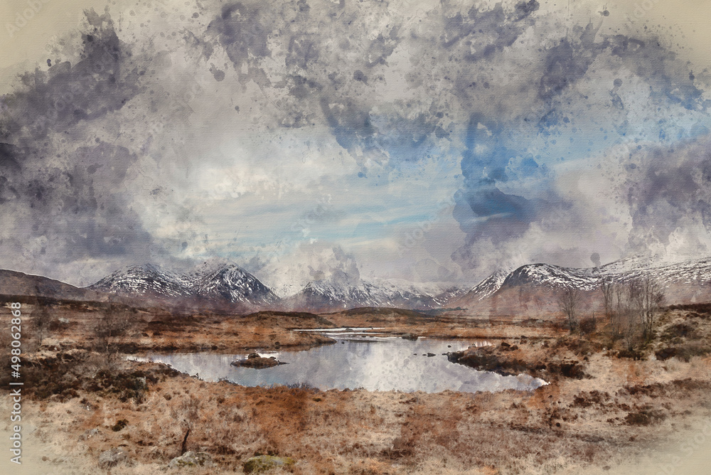 Fototapeta premium Digital watercolour painting of Majestic Winter panorama landscape image of mountain range and peaks viewed from Loch Ba in Scottish Highlands with dramatic clouds overhead