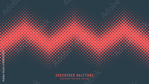 Vector Halftone Checkered Pattern Horizontal Zigzag Line Border Red Blue Abstract Background. Chequered Squares Dotted Zig Zag Wavy Texture Pop Art Graphic Design. Half Tone Contrast Wide Wallpaper