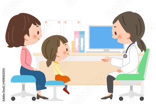 診察する小児科医と患者の親子のイラスト