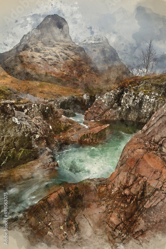 Digital watercolour painting of River Coe in Scottish Highlands landscape with Three Sisters mountains in background