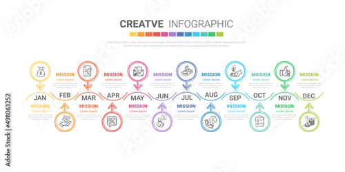 Timeline for 1 year, 12 months, infographics all month planner design and Presentation business can be used for Business concept with 12 options, steps or processes. 