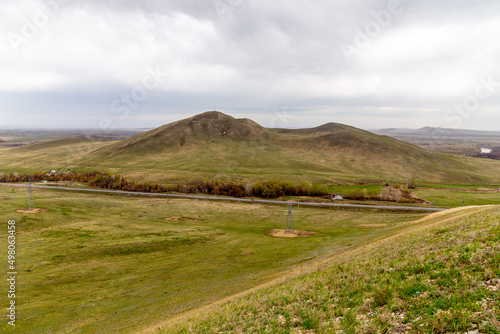 Beautiful view from the Long mountains to the Camel mountain. Orenburg region, Southern Urals, Russia.