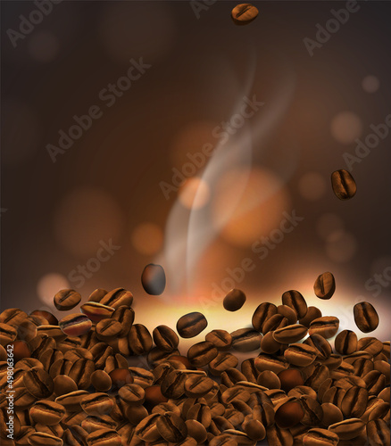 Coffee background. Coffee beans and rising smoke. The effect of transparency. 3D vector. High detailed realistic illustration