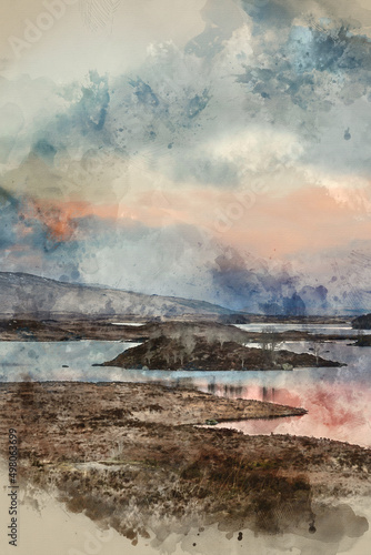 Fototapeta Naklejka Na Ścianę i Meble -  Digital watercolour painting of Loch Ba landscape in Scottish Highlands in Winter at sunset