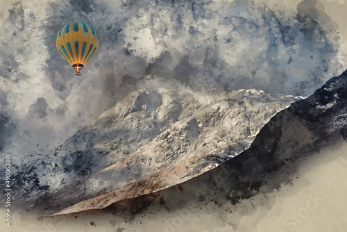 Digital watercolour painting of hot air balloons flying over Majestic beautiful Winter landscape image of Lost Valley in Scotland with snowcapped Buachaile Etive Baeg