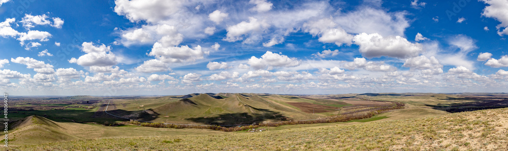 Beautiful view from the Camel mountain to the Long mountains. Orenburg region, Southern Urals, Russia.