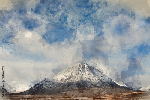 Digital watercolour painting of Beautiful iconic landscape Winter image of Stob Dearg Buachaille Etive Mor mountain in Scottish Highlands againstd vibrant blue sky © veneratio