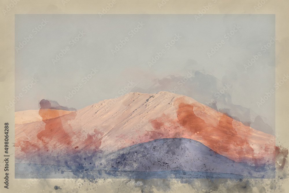 Digital watercolour painting of Majestic Alpen Glow hitting mountain peaks in Scottish Highlands during stunning Winter landscape sunrise