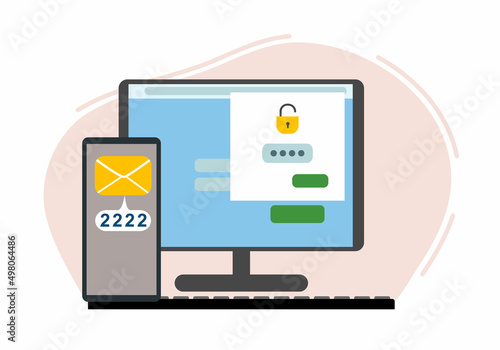 Two-factor authentication security. Login confirmation notification with a message in the envelope with the password code. The lock icons on the PC account.