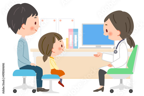 診察する小児科医と患者の親子のイラスト