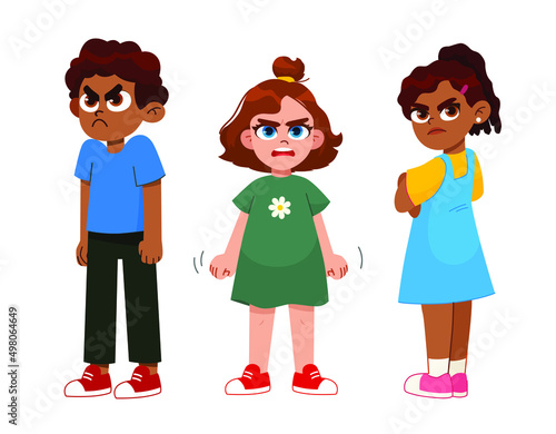 child emotions set. a very angry children, girls and boy standing in a pose. with a disgruntled look on her face. aggressive children 
 vector character Illustration.