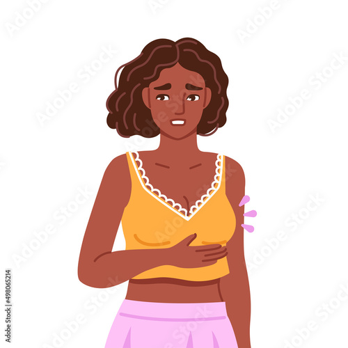 Black woman suffering from symptom of premenstrual syndrome. Sensitive swollen breast. Breast tenderness. Hand drawn cartoon character. Vector flat isolated illustration.