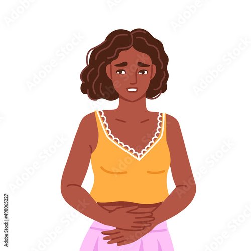 Black woman, suffering from acute abdominal pain, diarrhea, bloating, holds her stomach. Painful menstruation. Hand drawn character. Vector flat illustration.