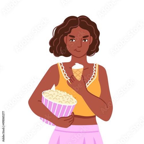 Black woman eating ice cream and holding big bucket of popcorn. Food craving, increased appetite. Flat cartoon character. Hand drawn vector illustration.