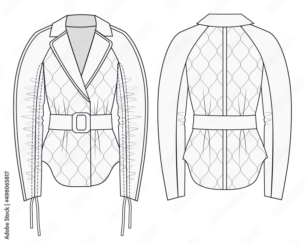 Women Jacket fashion flat technical drawing template. Coat fashion design set. Cropped Coat flat design front and back white. Girl Jacket with draped sleeves fashion flat template. Stock Adobe