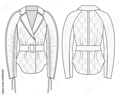 Women Jacket fashion flat technical drawing template. Coat fashion design set. Cropped Coat flat design, front and back, white. Girl Jacket with draped sleeves fashion flat template.