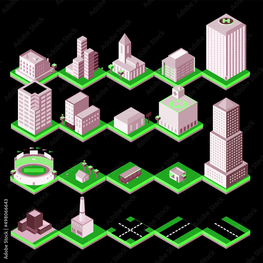 Isometric low poly city buildings, rural buildings and houses ...