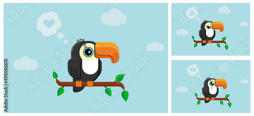 The character of a toucan on a branch and emotions of joy, anger and sadness