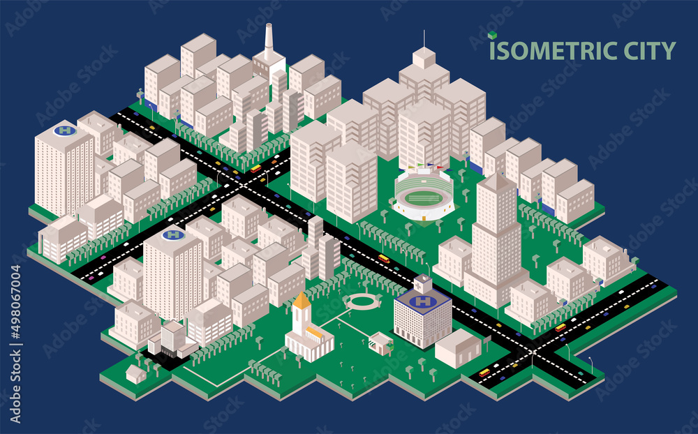 isometric city plan with roads and buildings. Smart city concept. Simple low poly architecture