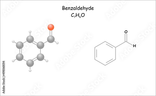 Stylized molecule model/structural formula of benzaldehyde. Use as bitter almond aroma component and for synthesis.