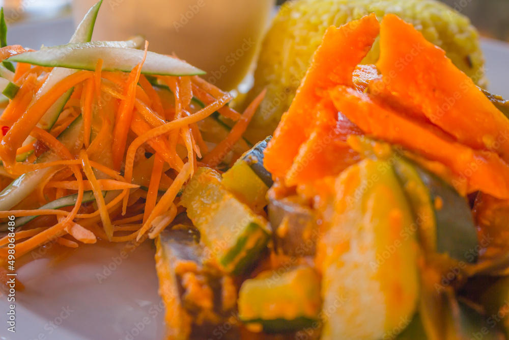 Fresh salad and rice on plate. Asian food. Vegetables with rice. Healthy food. Vegan appetizer. Dinner time. Wok ingredients. Fresh salad and rice on plate. Asian food. Vegetables with rice. Healthy food. Vegan appetizer. Dinner time. Wok ingredients.