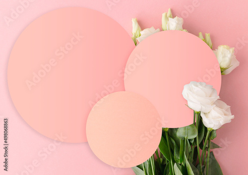 Pink background, nude shades, circle pattern for text, cardboard effect, postcard, gift card, text template, white roses, stylish background design, stylish design, delicate colors, beige, cream. photo