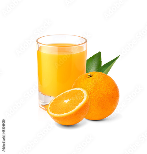 Fresh orange juice in a glass and orange slices isolated on white background.