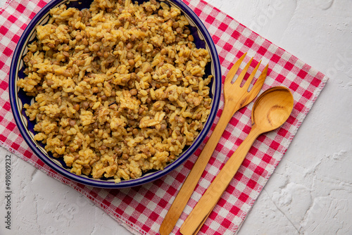 Mujadara - lentils and rice pilaf, middle eastern cuisine recipe traditional Arabic dish photo