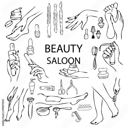 Hand and foot body care spa salon.Female hand and leg with nails, manicure, pedicure. Logotype for fashion salon. Vector illustration. White background.