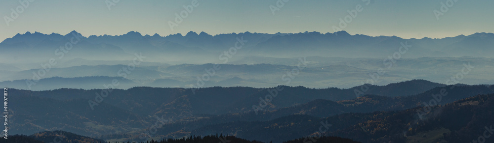 Fototapeta premium Panorama of the Tatra Mountains from the observation tower in Goriec