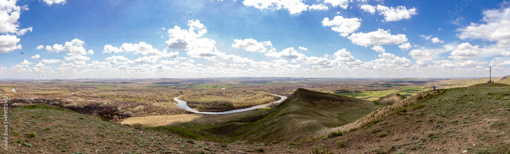 Beautiful view from the Camel mountain to Ural river. Orenburg region, Southern Urals, Russia.